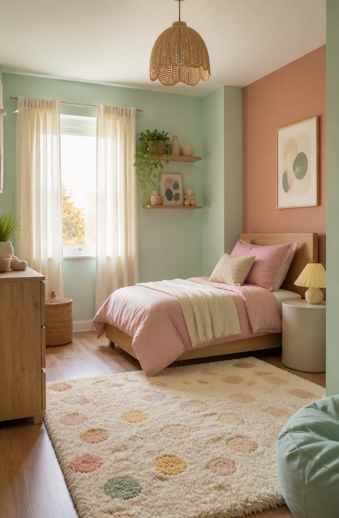 A child's bedroom with creamy mint walls and a terracotta accent wall.