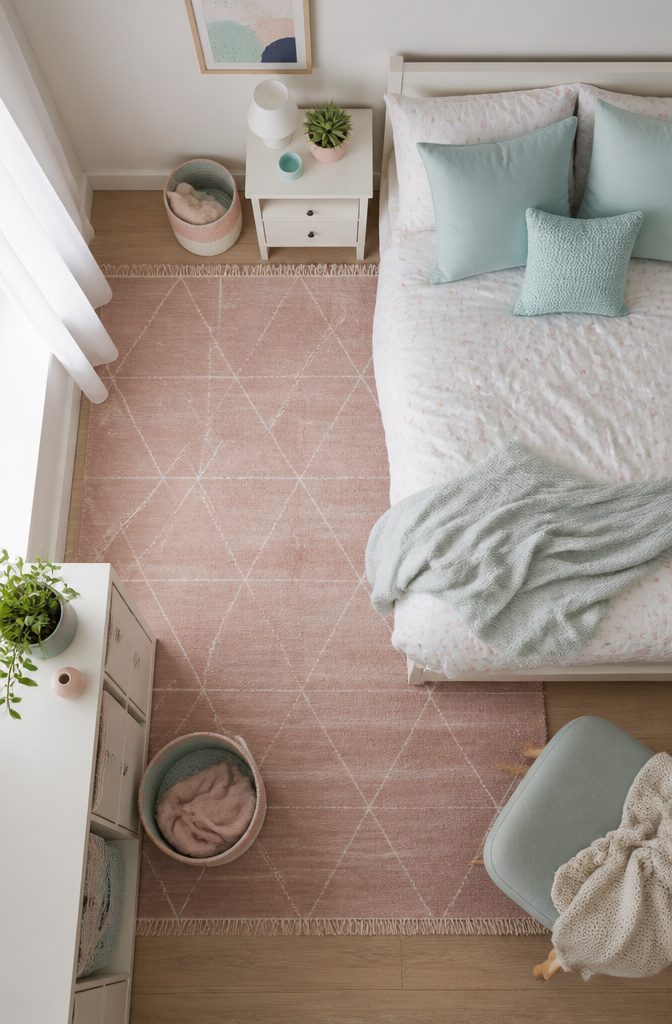 A pastel rug and cushions in a child's room enhancing the decor.