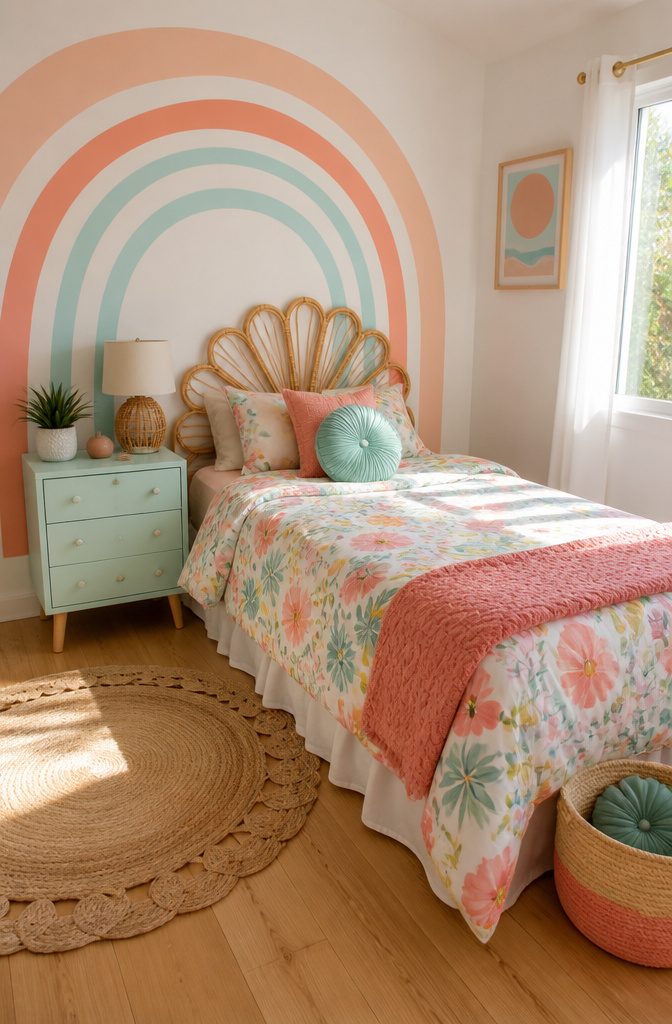 A colorful child's room with a floral bedspread and rainbow wall art.