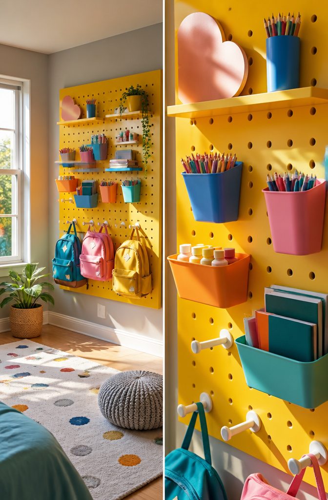A painted pegboard ready for use in a child's crafting area.