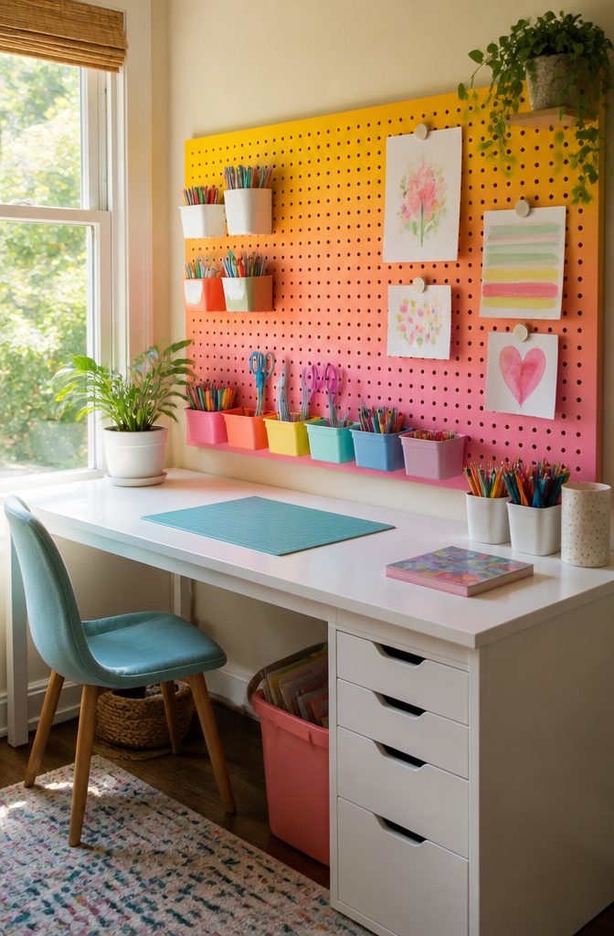 A pegboard art station with colorful bins and drawings displayed.