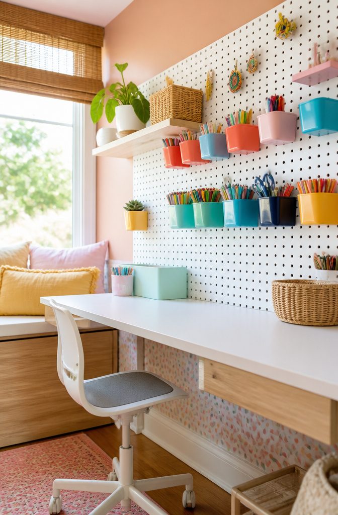 A pegboard with colorful bins for supplies over a child's crafting desk.