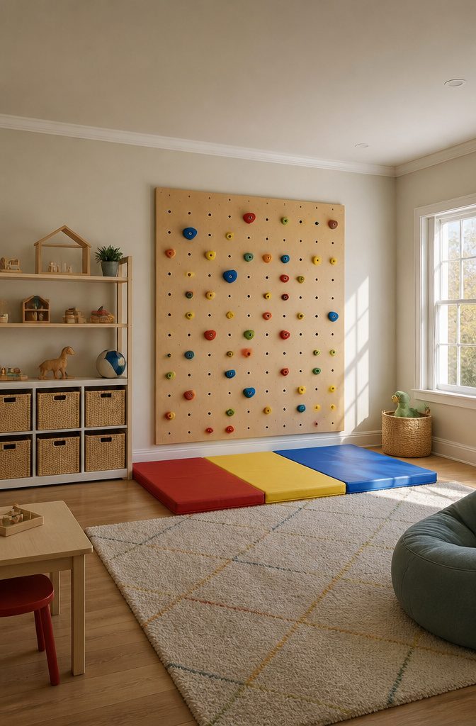A pegboard climbing wall with colorful holds and soft mats below.