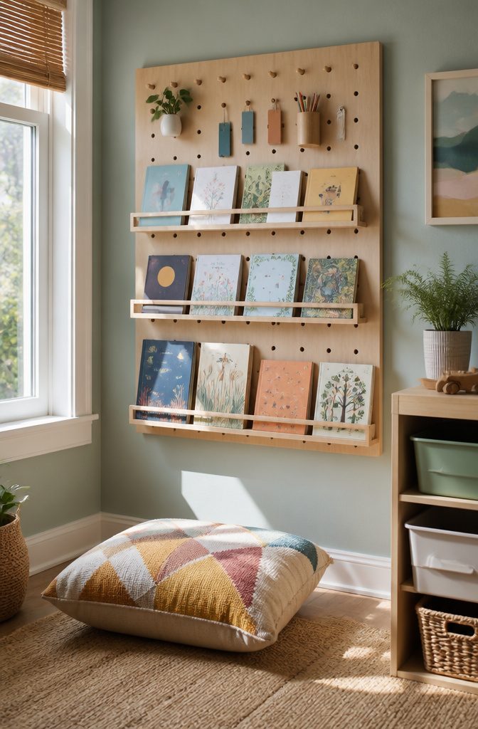 A pegboard reading nook with wooden ledges filled with children's books.