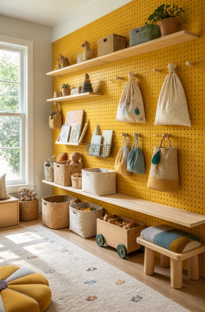 A pegboard wall with hooks and shelves displaying toys and books.