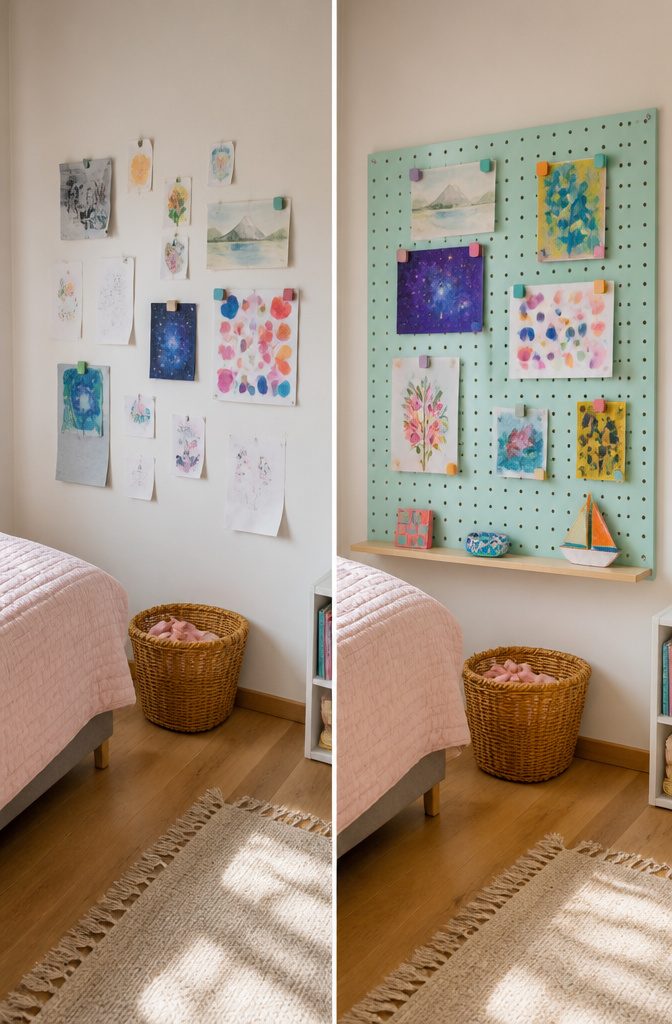 A pegboard set up as an art gallery with magnets and a shelf.