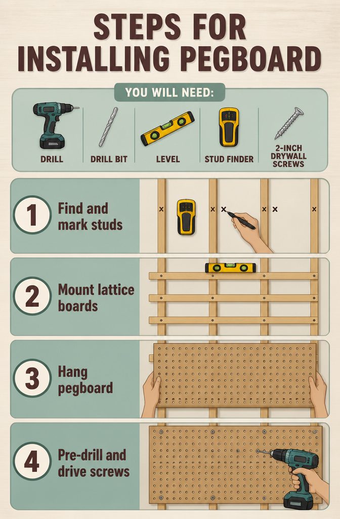 Instructions for installing pegboard with tools and materials listed.