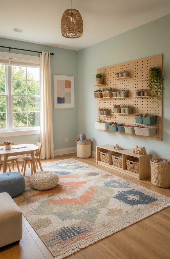 A pegboard demonstrating vertical storage solutions in a small room.