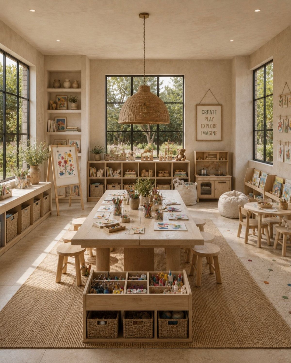 A large wooden table filled with art supplies in a bright, sunlit playroom.