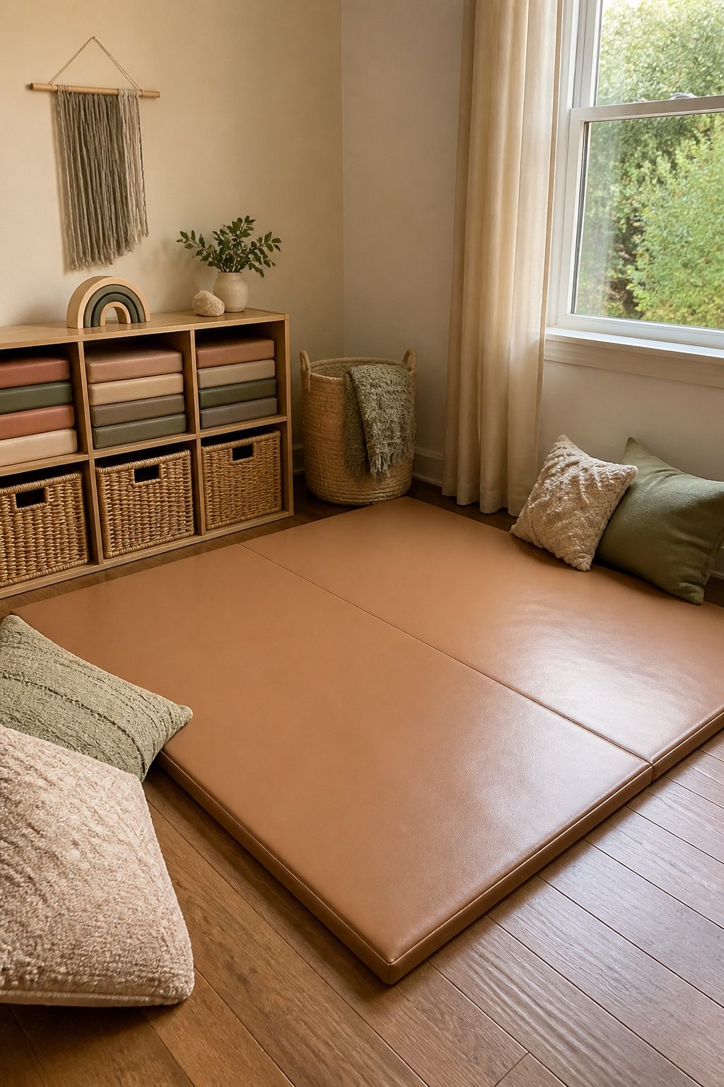 Stylish play mat with colorful inserts and soft textiles around.