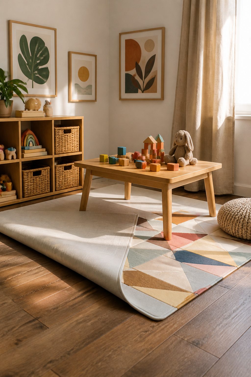 Double-sided play mat with geometric print and calming pattern.