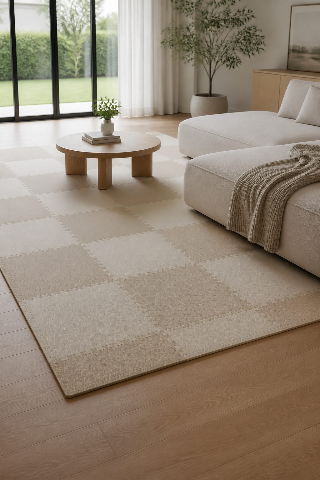 Jigsaw pattern tiles in muted colors on hardwood floor.