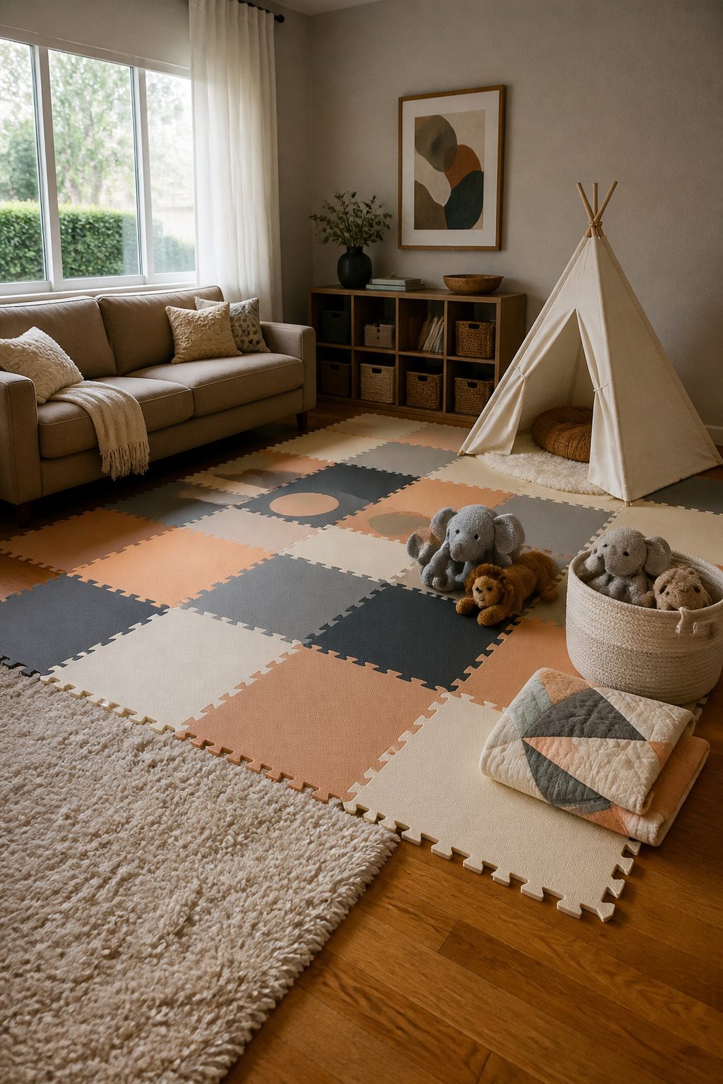 Bright jigsaw design foam mats arranged in a family room.