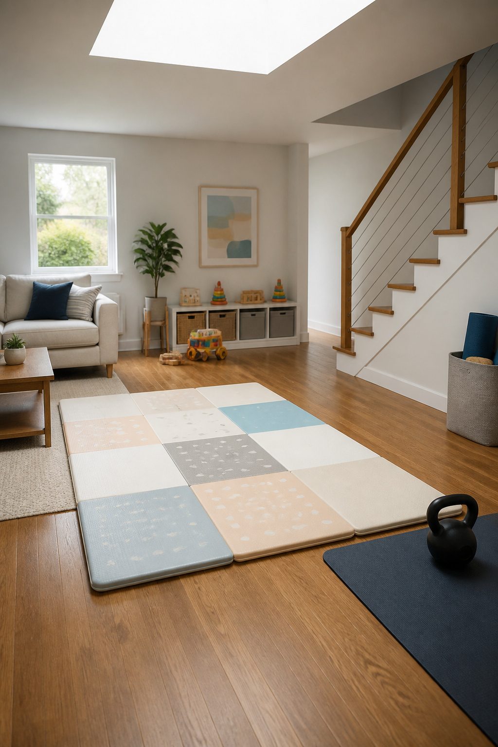Foam mat designed for versatile use in a playroom.