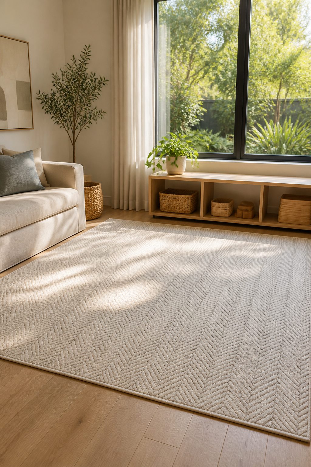 Elegant herringbone pattern play mat in a tastefully designed room.
