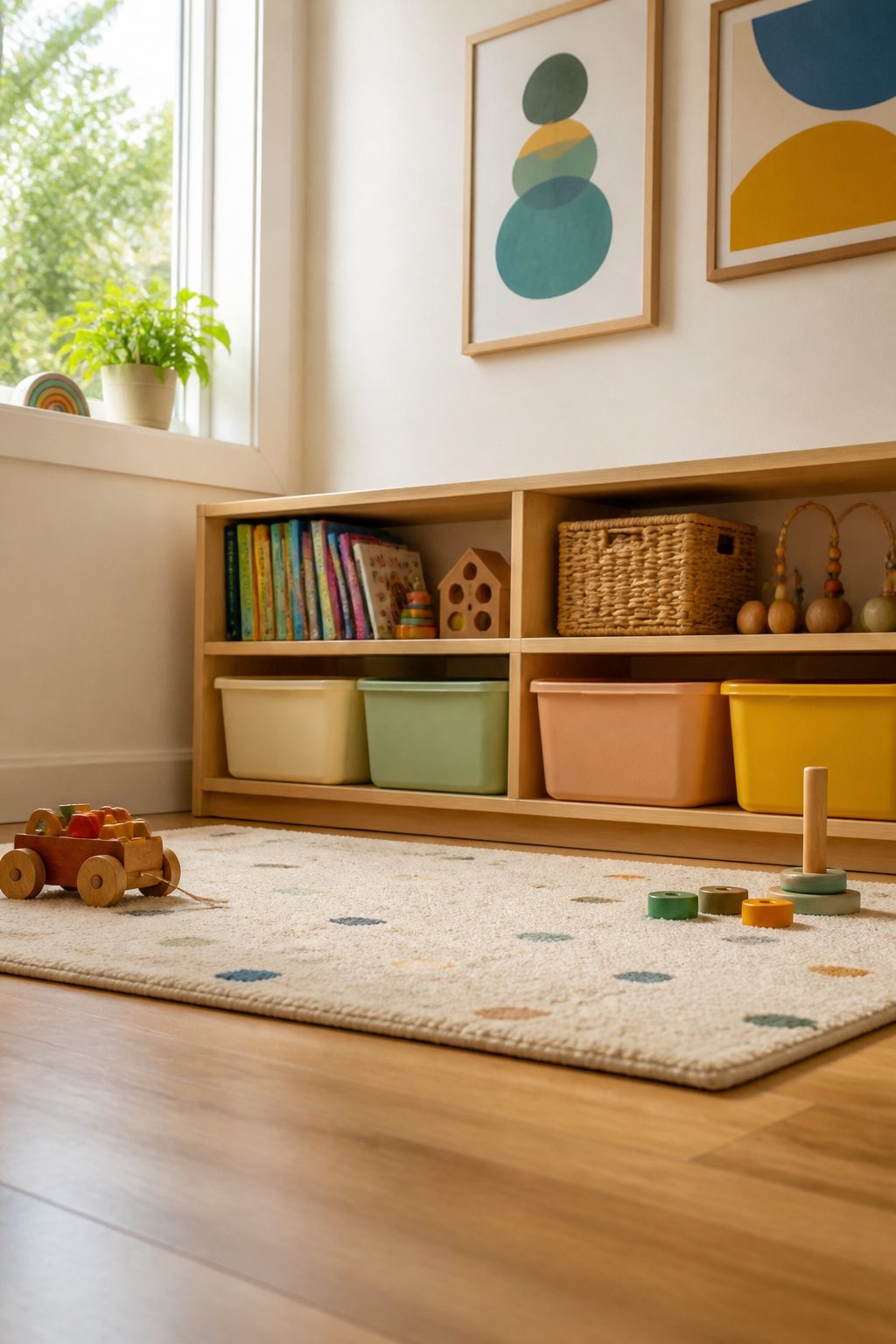 Toys stored at child-friendly heights in a playroom.