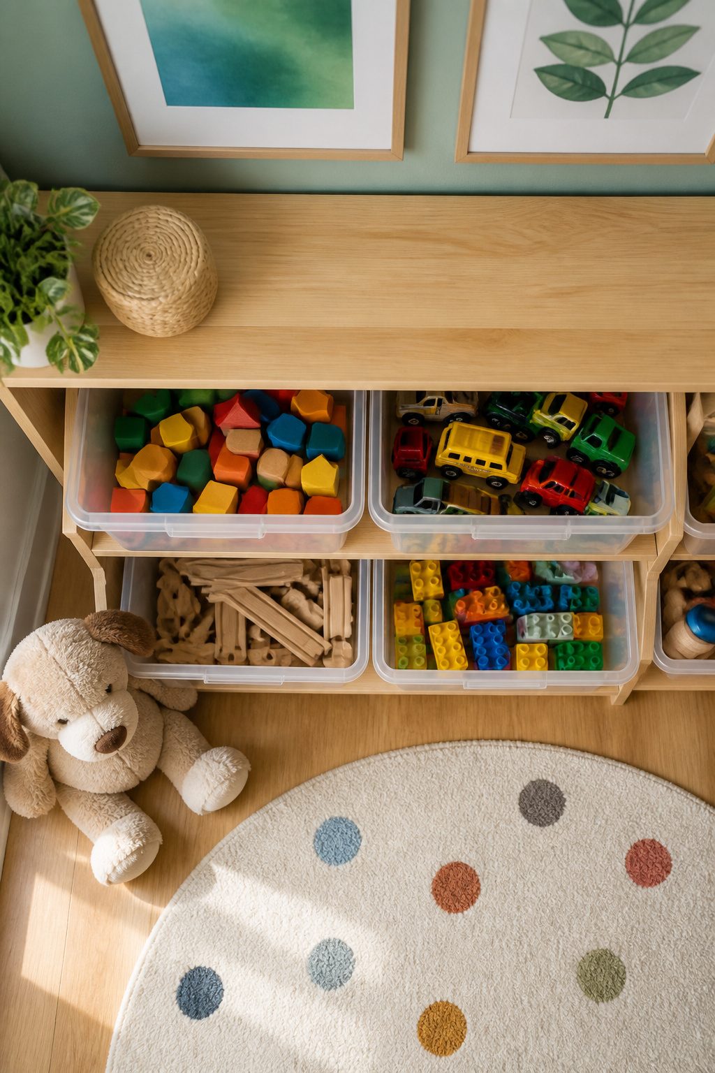 Clear storage bins stacked on shelves in a playroom.