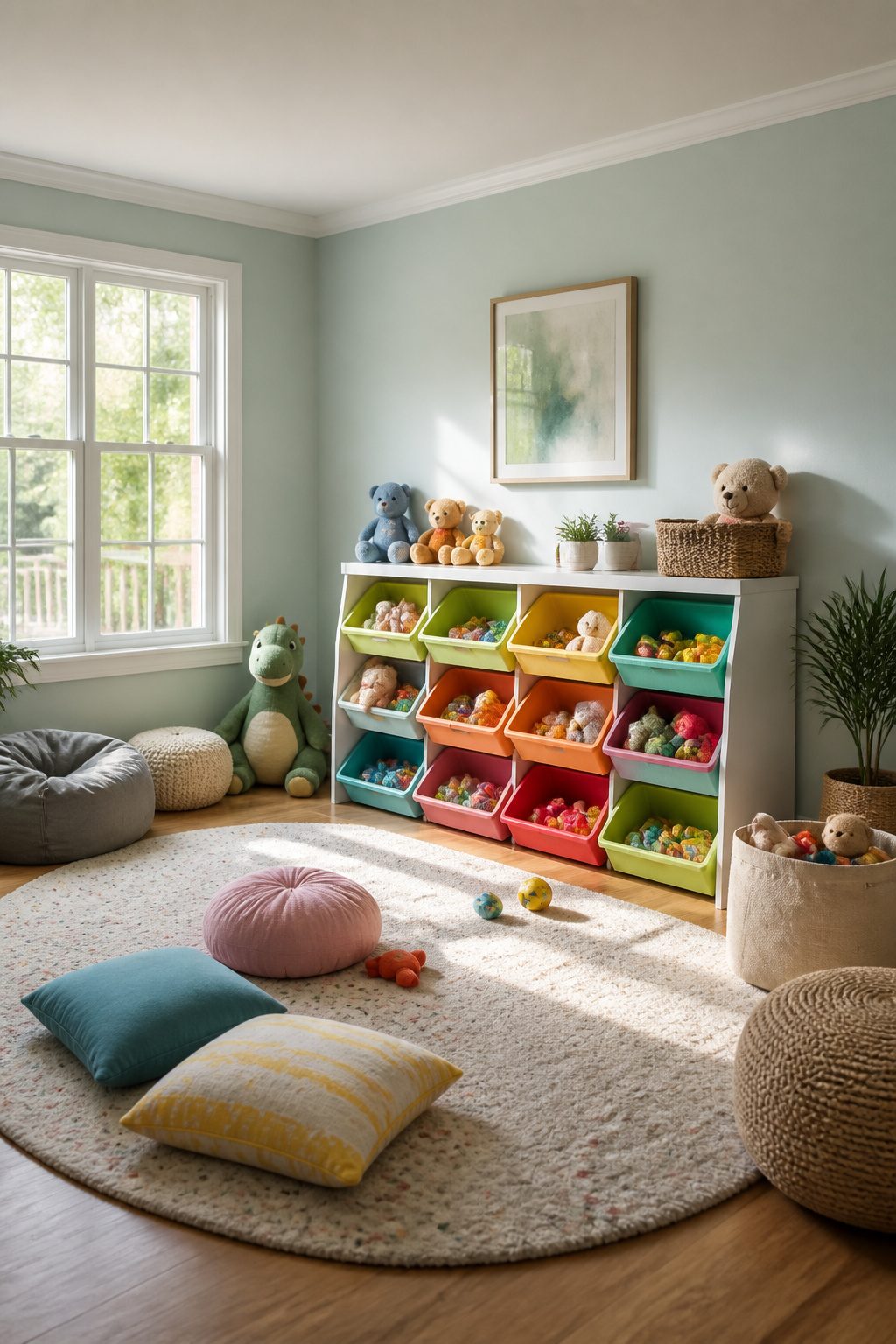 Cube organizer with tilted bins in a playroom.