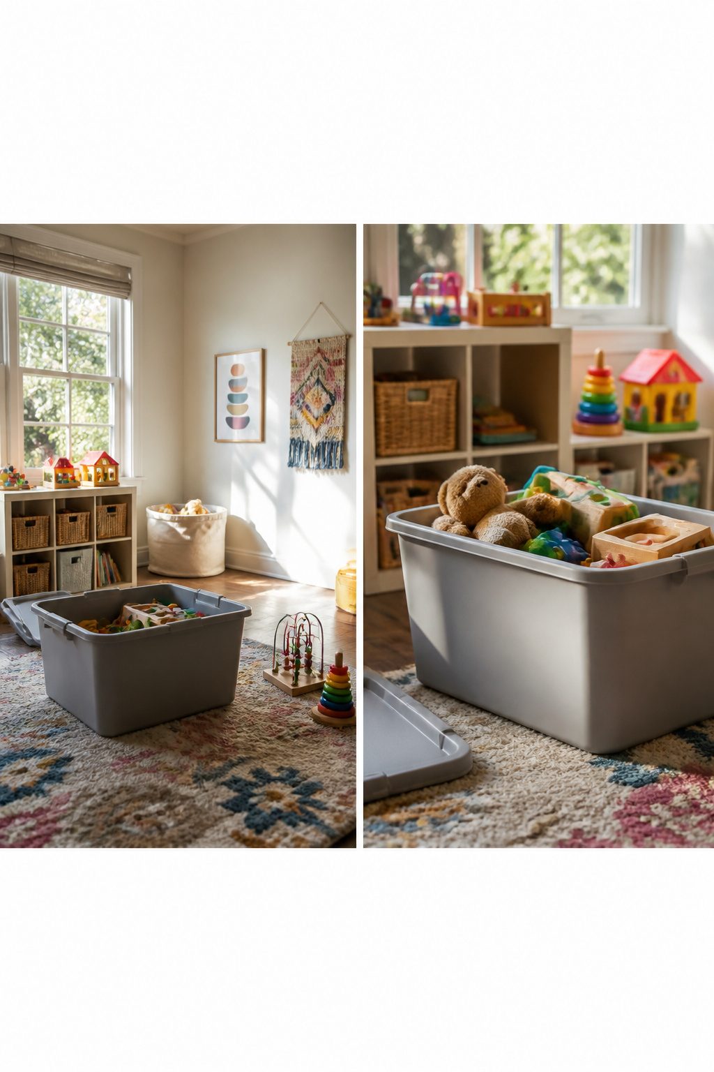 Playroom during decluttering process with toys in various boxes.