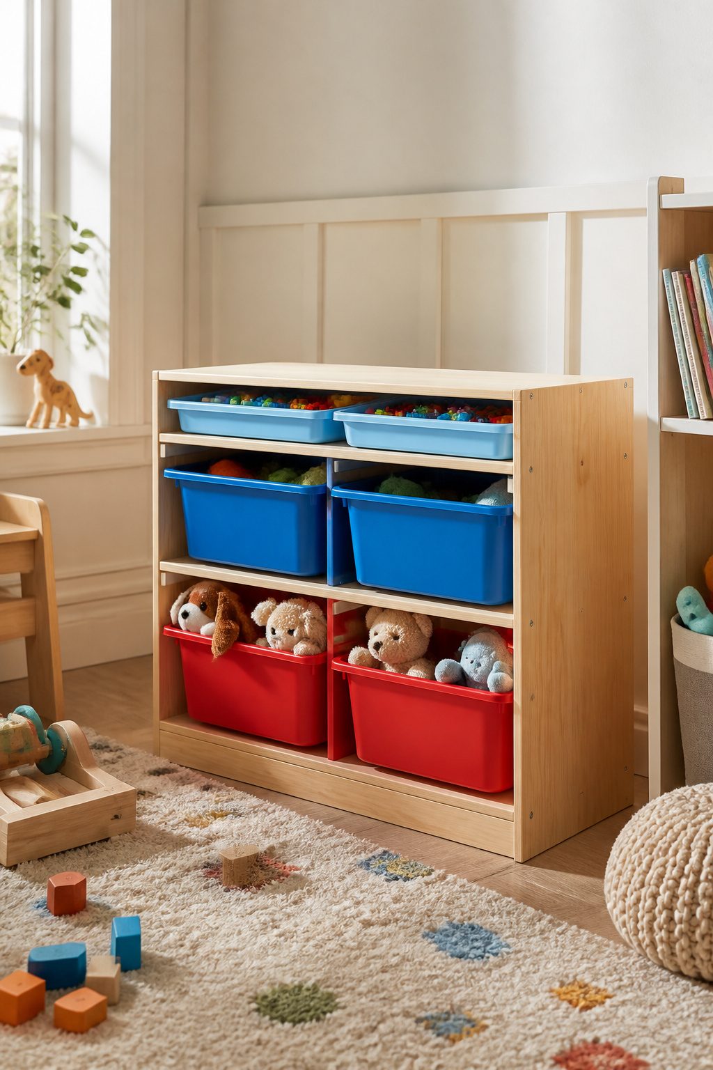 IKEA Trofast storage system with various bins in a playroom.