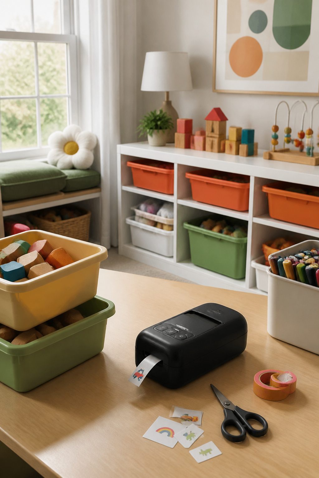 Label maker on a table surrounded by organized toy bins.