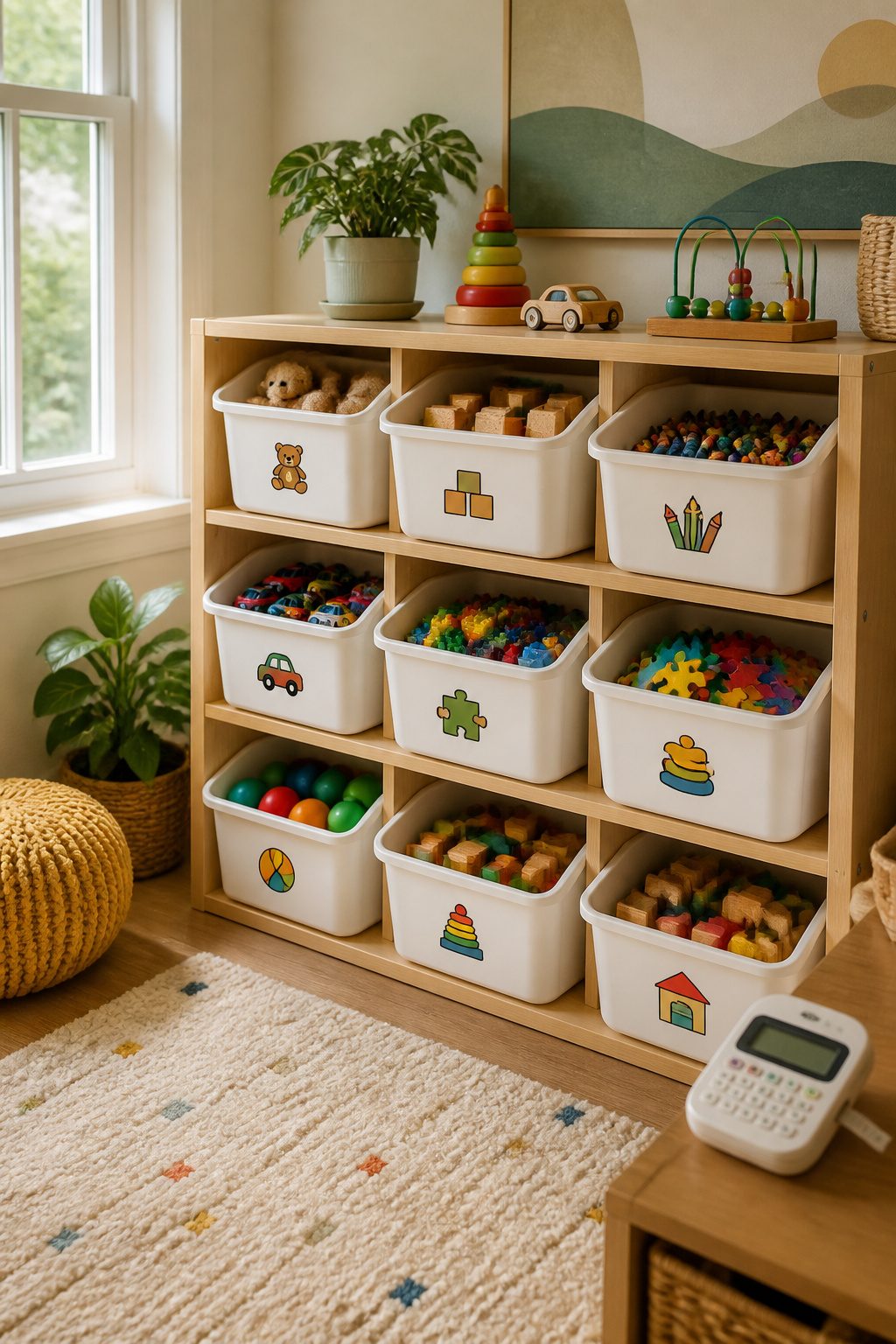 Array of labeled bins organized on wooden shelving.