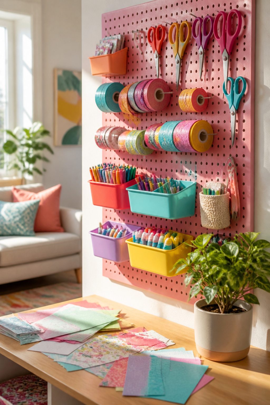 Pegboard with hooks and bins displaying craft supplies.
