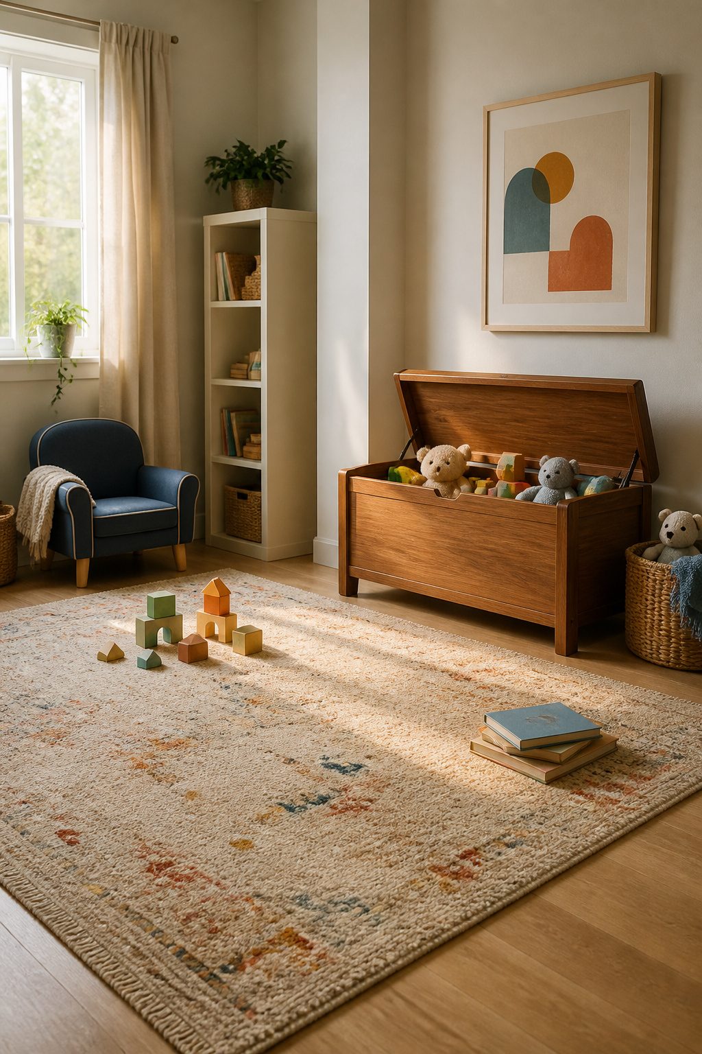 Melissa & Doug wooden toy chest positioned in a playroom.