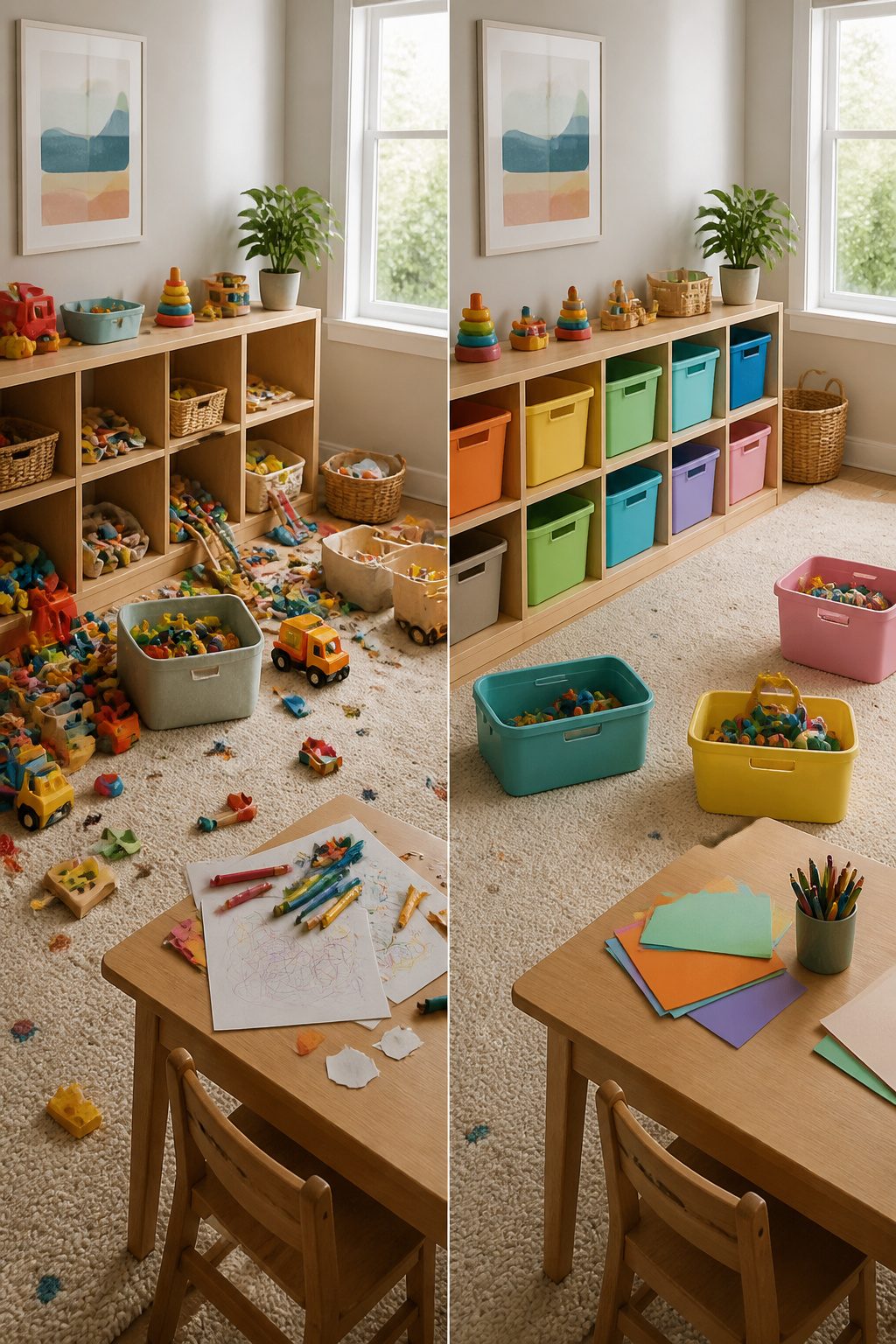 Bins of toys ready for rotation in a playroom.