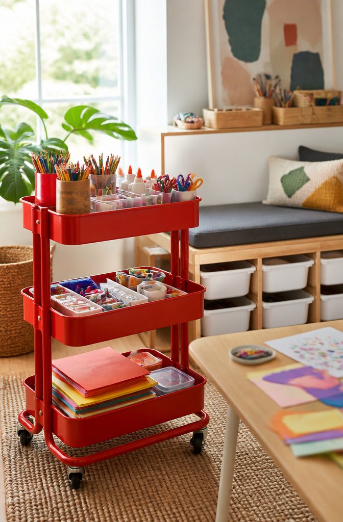 Playroom Storage and Bench Ideas That Actually Work in Real Homes 6 A colorful rolling art cart filled with craft supplies in a playroom.
