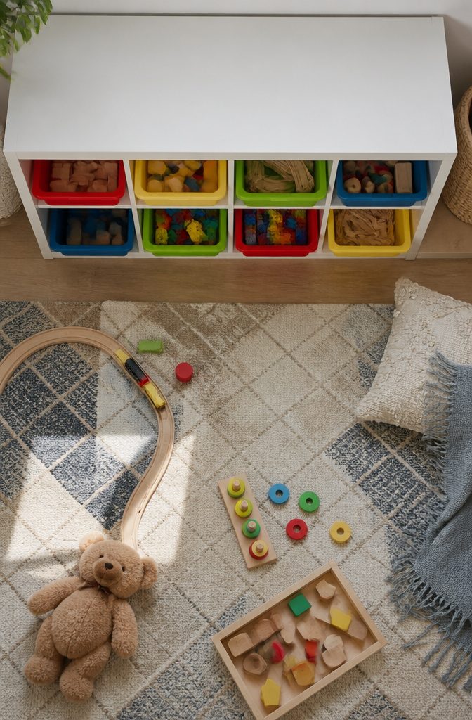 Playroom Storage and Bench Ideas That Actually Work in Real Homes 4 Cubbies filled with labeled bins for toy organization.
