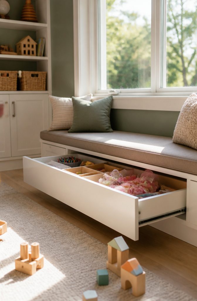 Playroom Storage and Bench Ideas That Actually Work in Real Homes 7 A white drawer unit sliding open under a cushioned bench.
