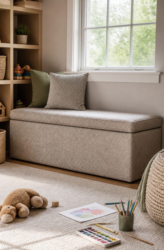 Playroom Storage and Bench Ideas That Actually Work in Real Homes 5 An upholstered bench made of performance fabric in a playroom.