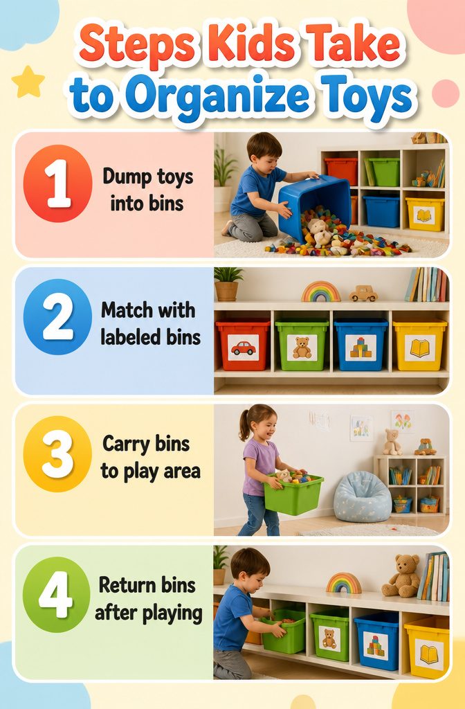 Playroom Storage and Bench Ideas That Actually Work in Real Homes 13 Children's toys in bins, showing a disorganized but accessible setup.