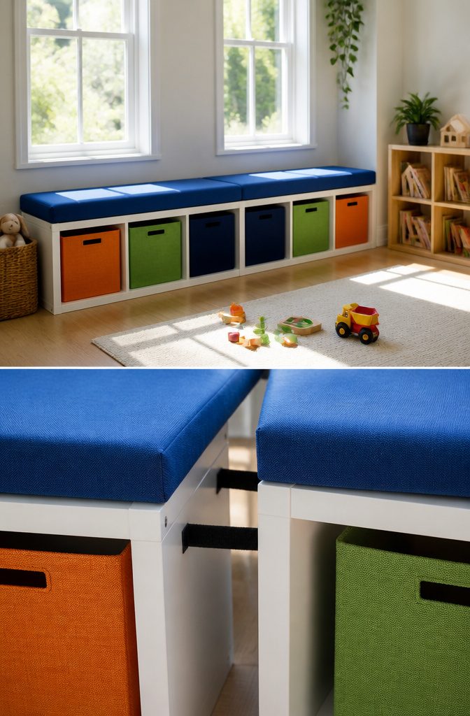 Playroom Storage and Bench Ideas That Actually Work in Real Homes 1 Two stacked IKEA Kallax shelves turned into a bench with storage.