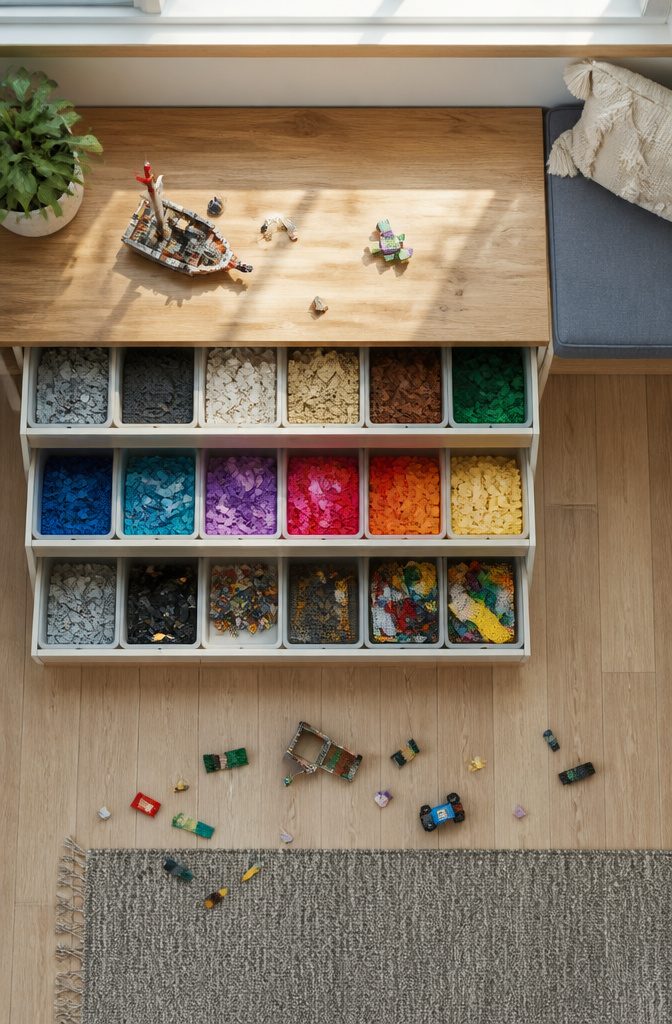 Playroom Storage and Bench Ideas That Actually Work in Real Homes 8 A bench with shallow drawers specifically designed for Lego storage.