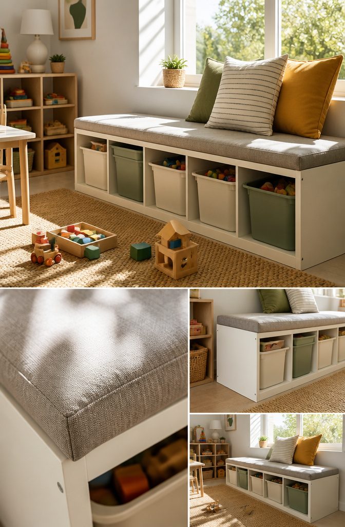 Playroom Storage and Bench Ideas That Actually Work in Real Homes 10 A bench that doubles as a storage unit in a playroom.