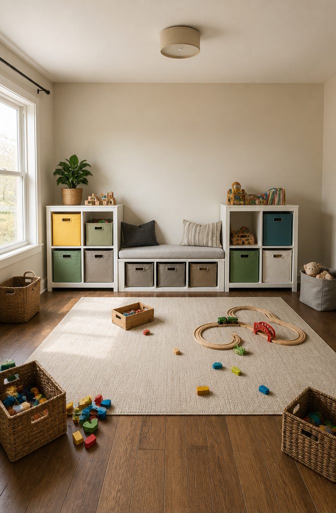 Playroom Storage and Bench Ideas That Actually Work in Real Homes 14 A playroom layout showing a bookcase and bench arrangement.