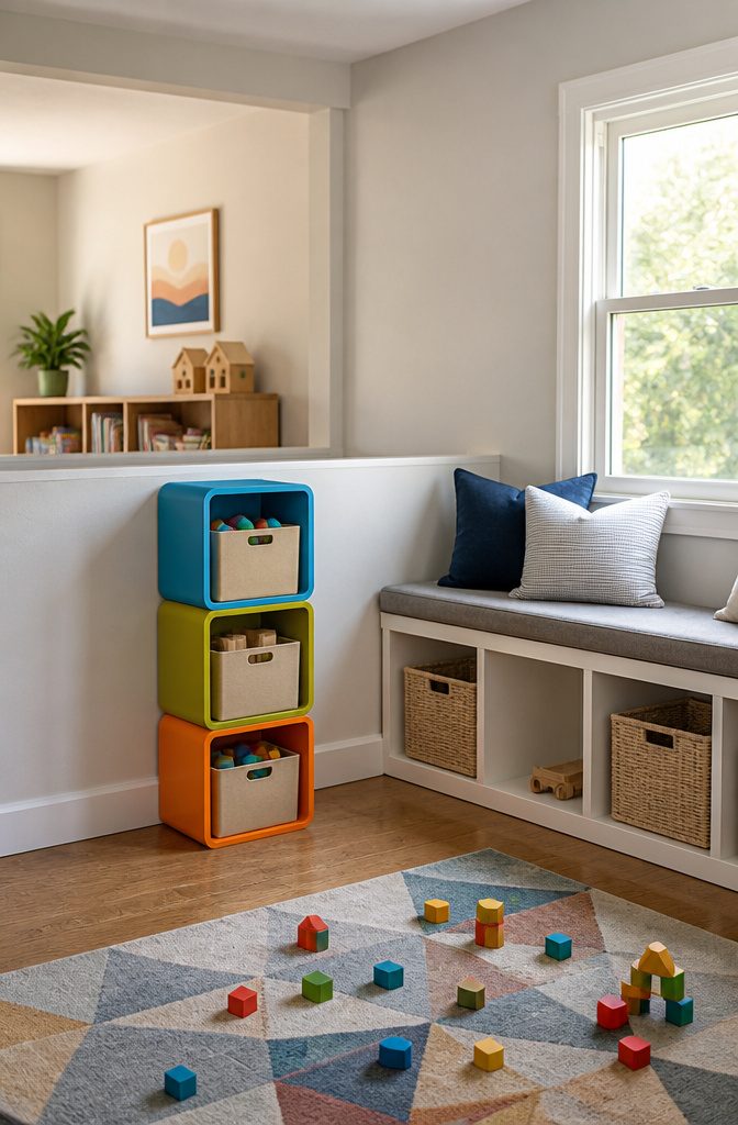 Playroom Storage and Bench Ideas That Actually Work in Real Homes 3 Three stackable storage cubes arranged vertically in a playroom.