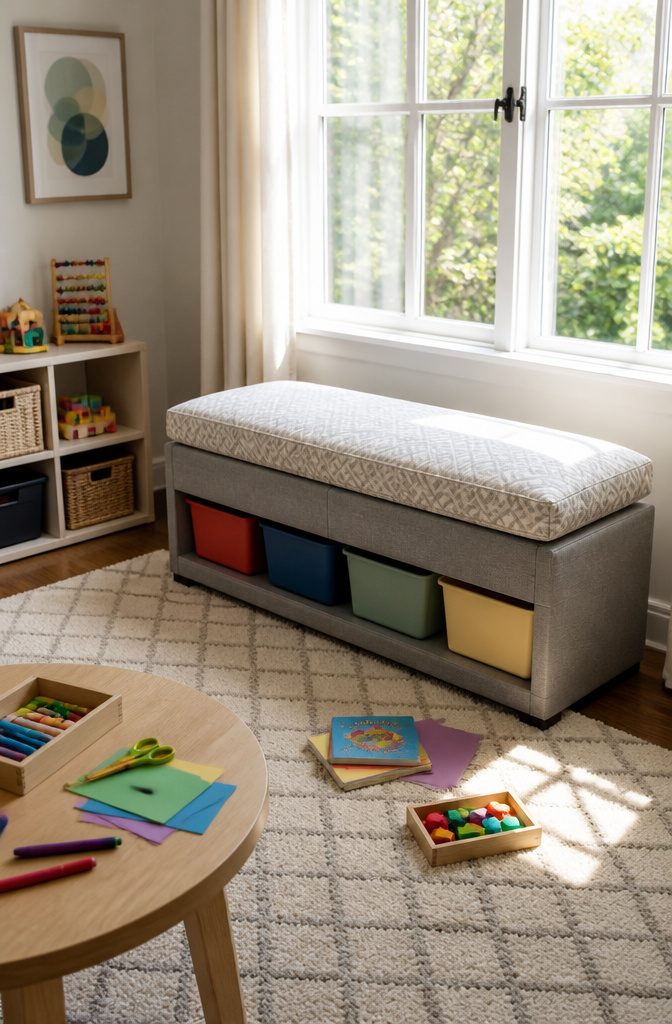 Playroom Storage and Bench Ideas That Actually Work in Real Homes 2 A gray toy storage bench with colorful bins and a patterned cushion.