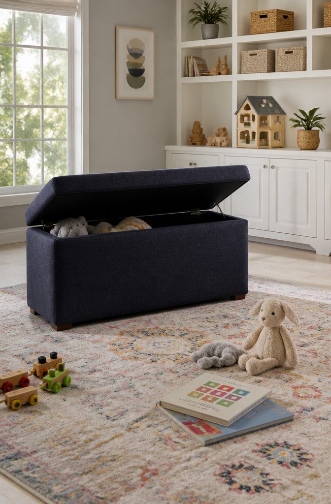 Playroom Storage and Bench Ideas That Actually Work in Real Homes 9 A cozy upholstered bench with a lift-top revealing hidden storage.