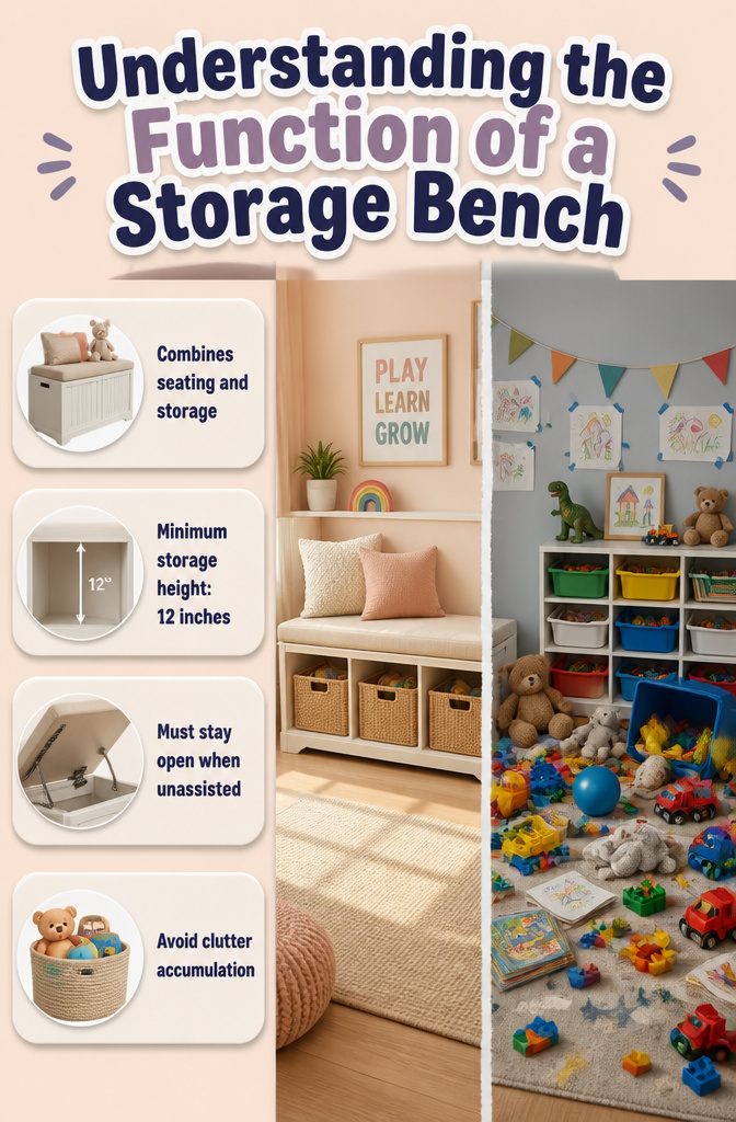 Playroom Storage and Bench Ideas That Actually Work in Real Homes 11 A storage bench in a playroom, showcasing its dual function.