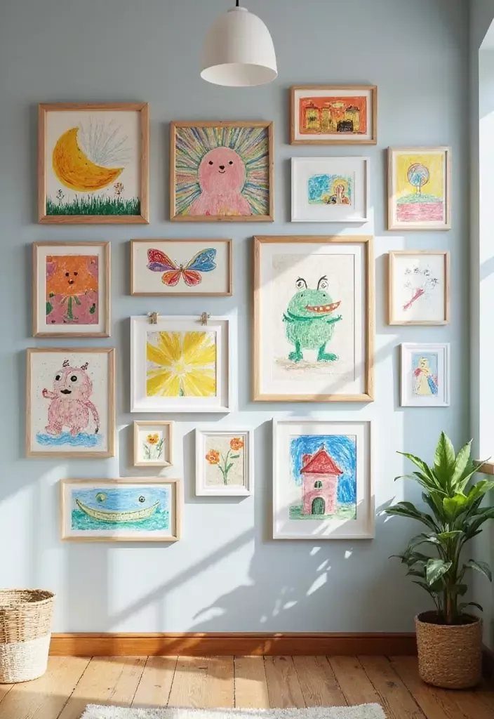 A collection of framed children's drawings arranged in a gallery wall on a light blue wall.