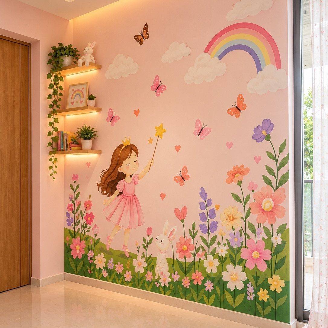 Pink playroom wall featuring a colorful mural of a girl, rainbow, and flowers.