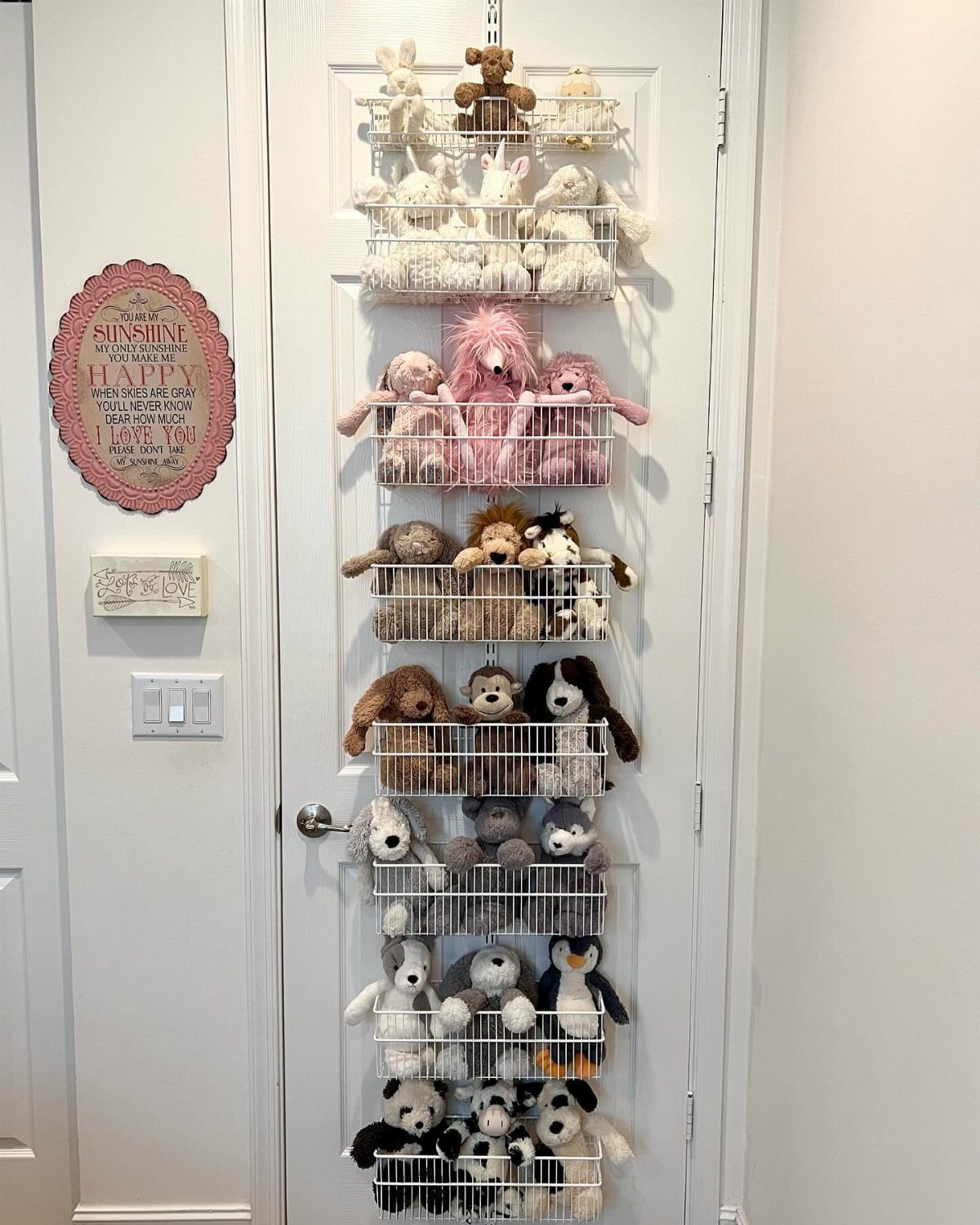 6 Plush Storage Ideas for Stuffed Toys That Clear Floor Pile-Ups 4 White wire baskets filled with various stuffed animals hanging vertically on a white door.