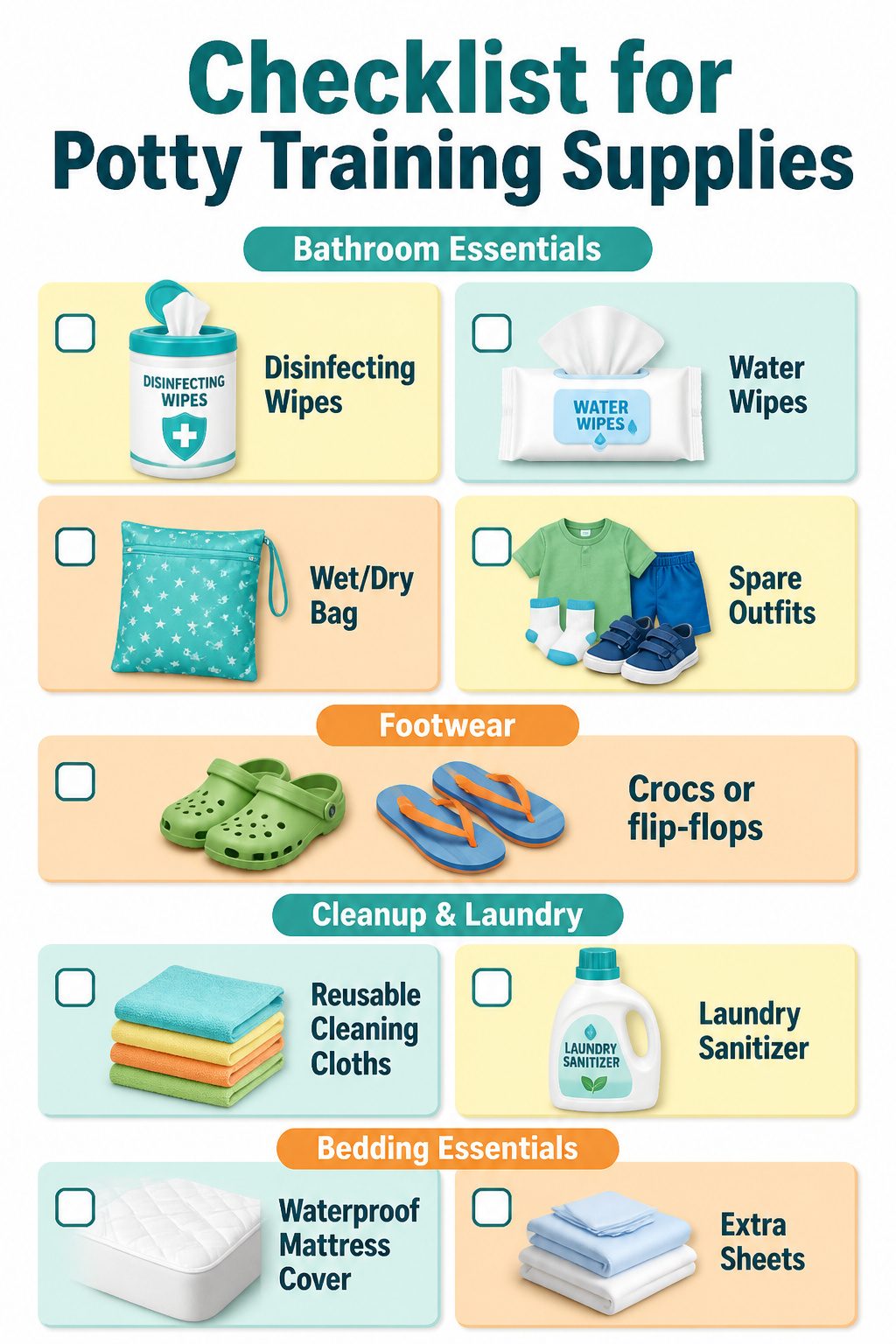 A checklist of supplies for managing potty training accidents.