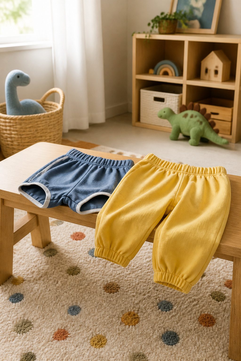A pair of pull-on shorts and pants displayed on a bench.