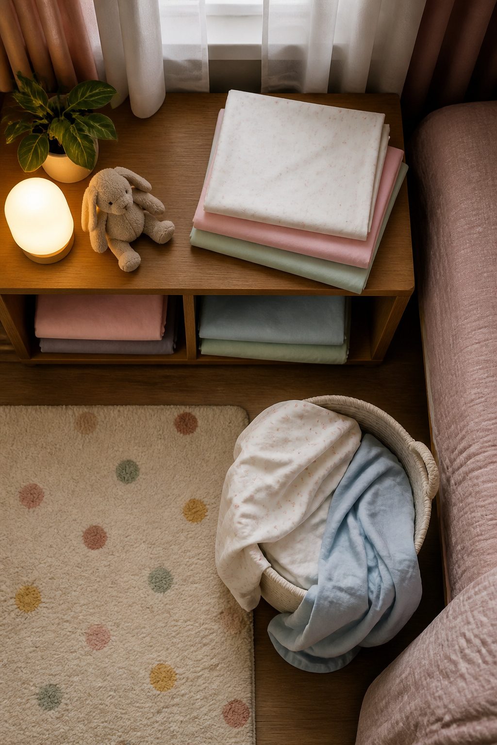 Two spare sheet sets neatly arranged in a bedroom.
