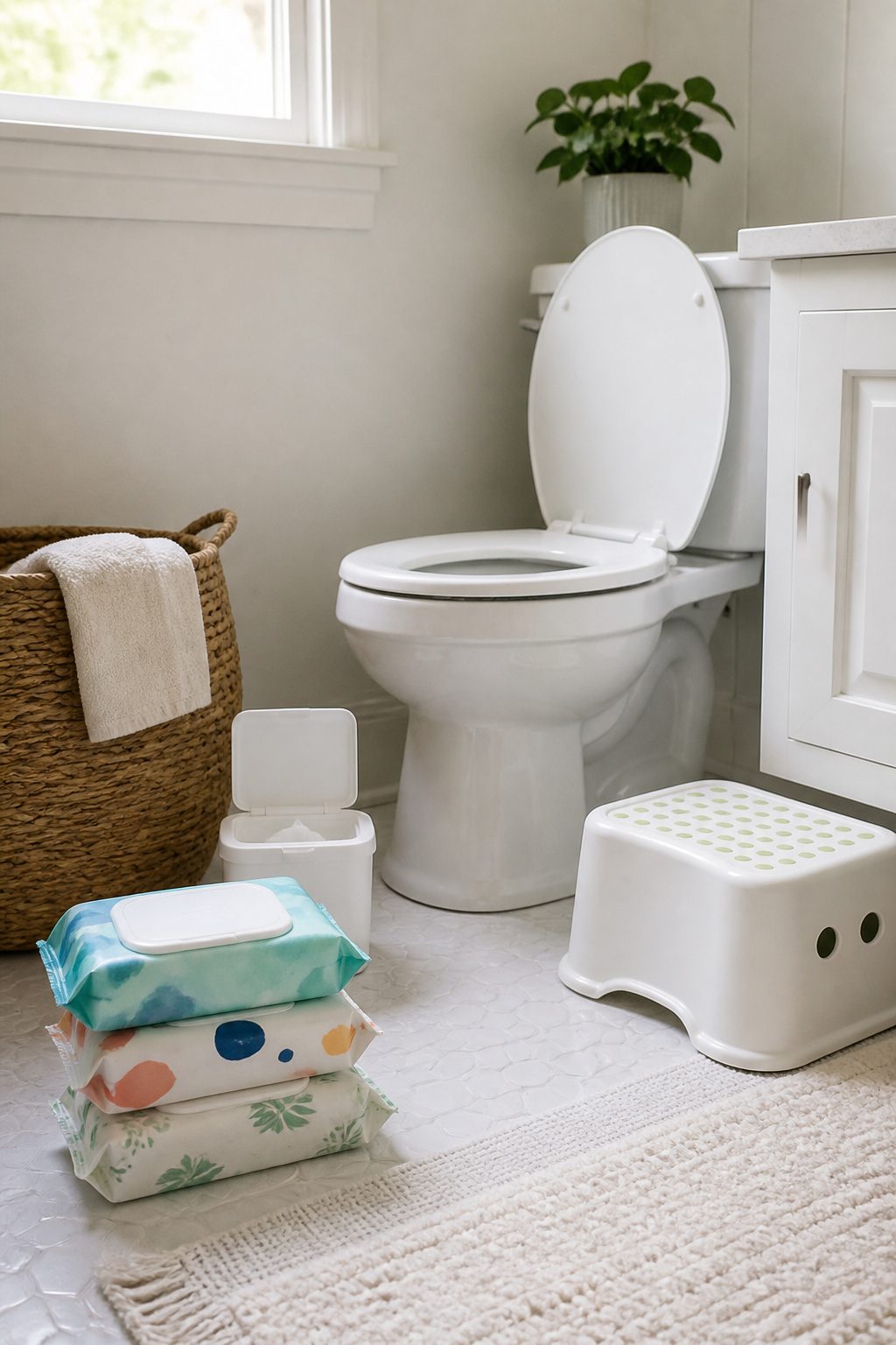 A selection of flushable wipes beside a clean toilet.