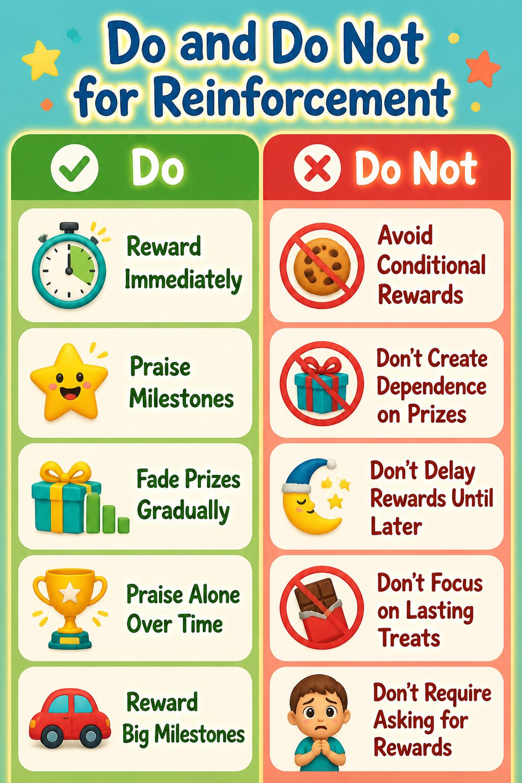 A visual guide illustrating do's and don'ts for positive reinforcement.